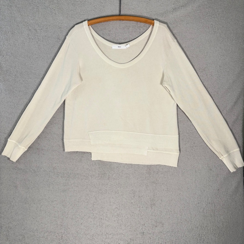 WILT Sweatshirt Womens‎ Size M Cream Cotton Distressed Raw Hem Top M Made in USA